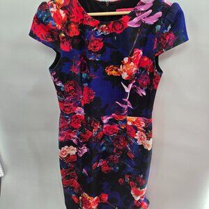 Betsey Johnson Watercolor Floral Scuba Sheath Cap Sleeve Midi Dress Size 8